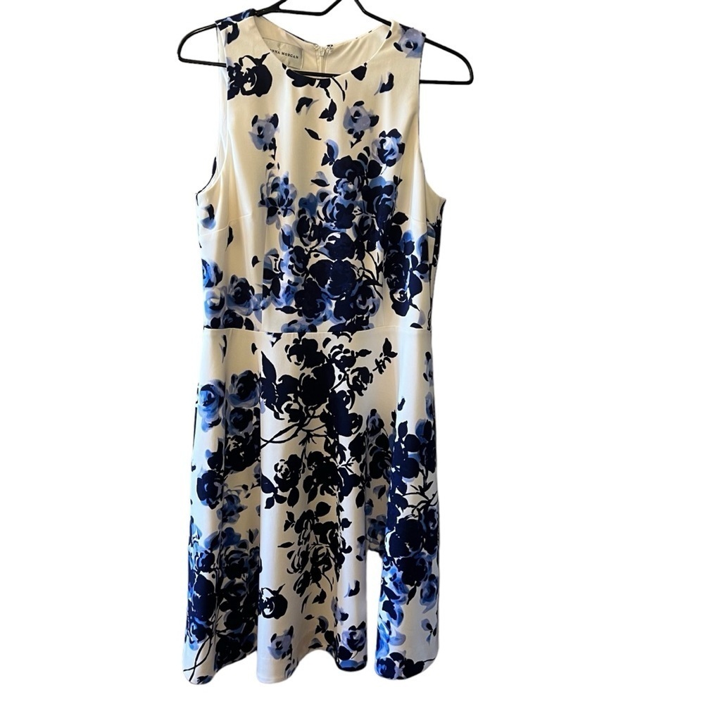 Sleeveless Blue Floral Fit & Flare Dress - White & Navy